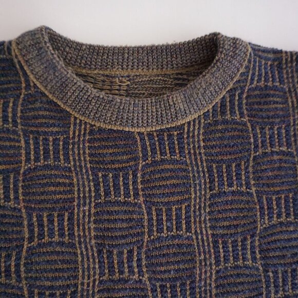 VTG '80S Navy Olive 3D Biggie Cosby Eclectic Grandpa Chunky Crewneck Sweater XL - Picture 4 of 11